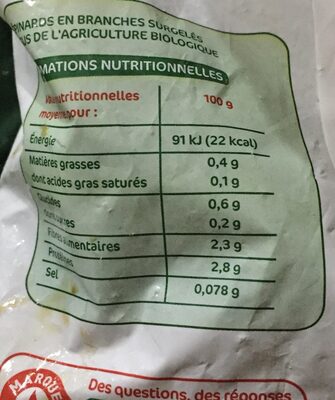 Epinards en branches bio ingredients label