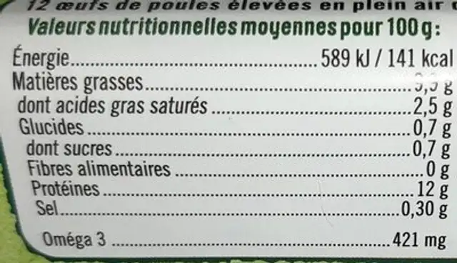 10 Œuf frais nutrition facts table