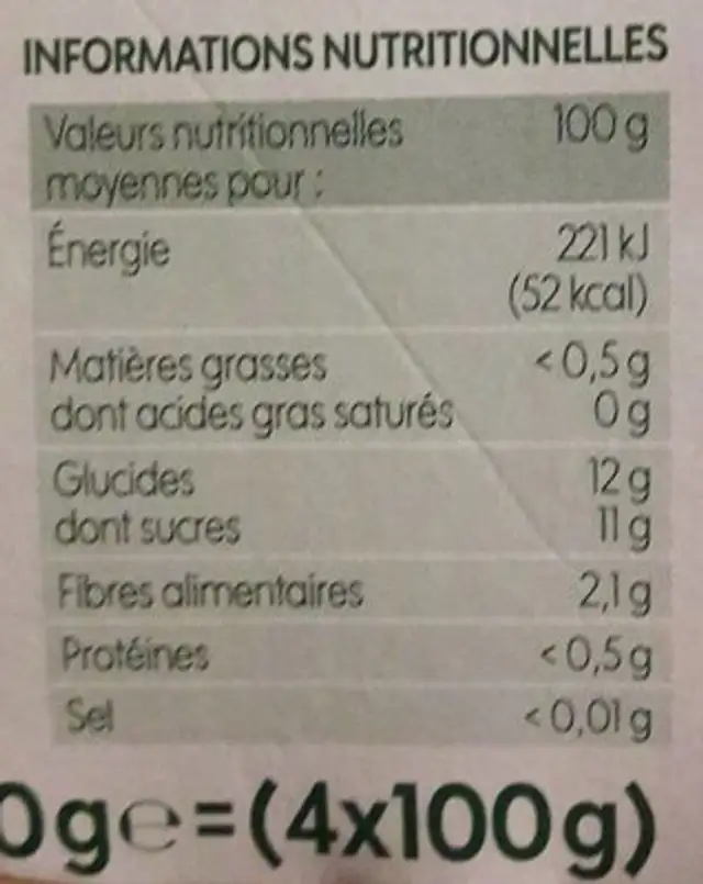 Compote Pomme SSA nutrition facts table