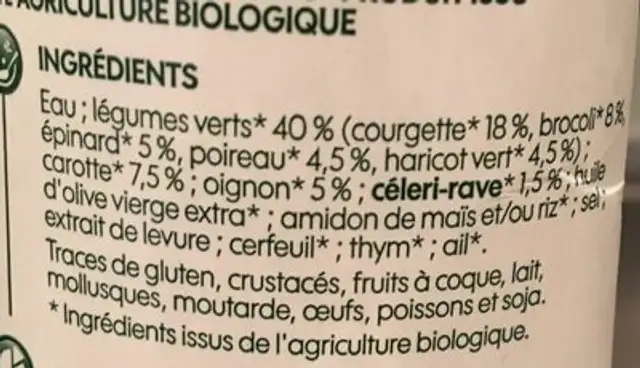 Velouté de légumes verts bio ingredients label