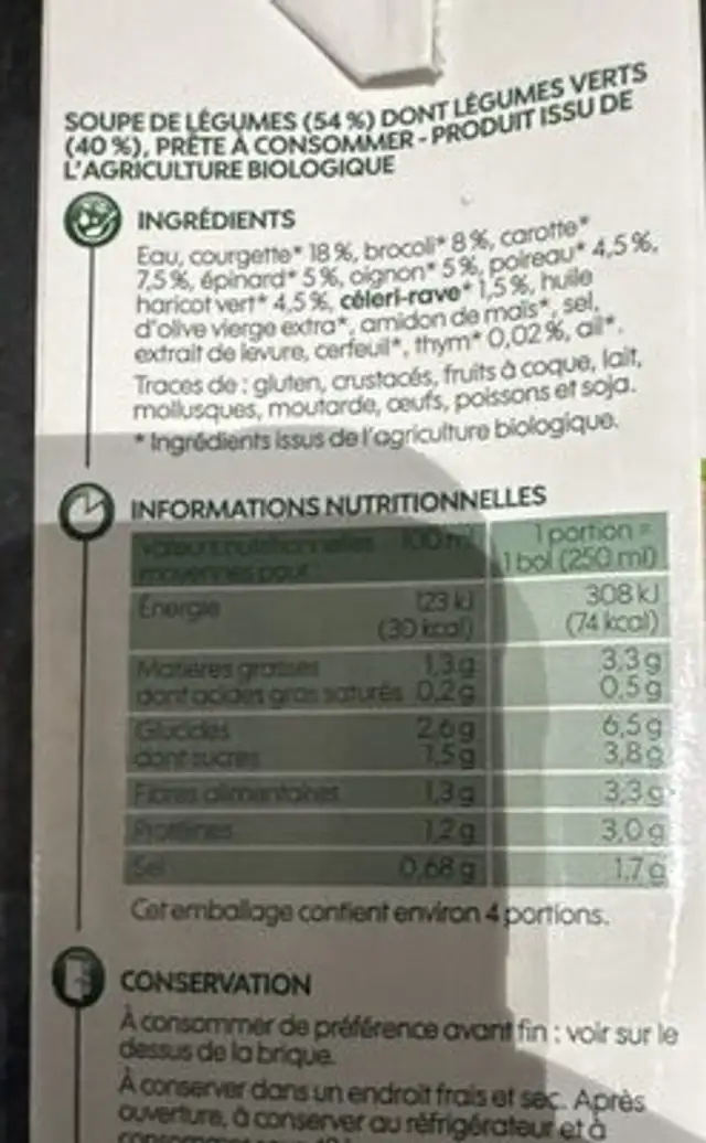 Velouté de légumes verts bio nutrition facts table