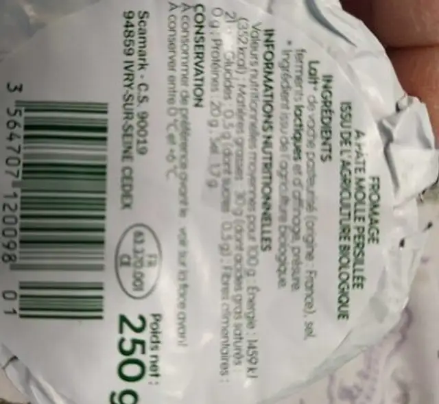 Petit bleu fondant bio 30% Mat. Gr. nutrition facts table