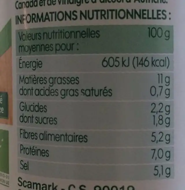 Moutarde bio à l'ancienne nutrition facts table