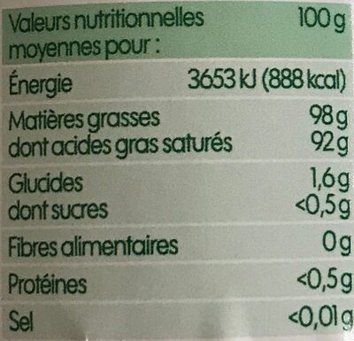 Huile vierge de coco bio nutrition facts table