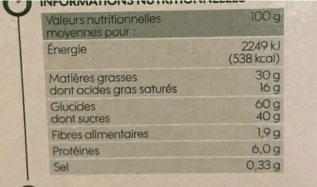 Barre Cœur de lait nutrition facts table