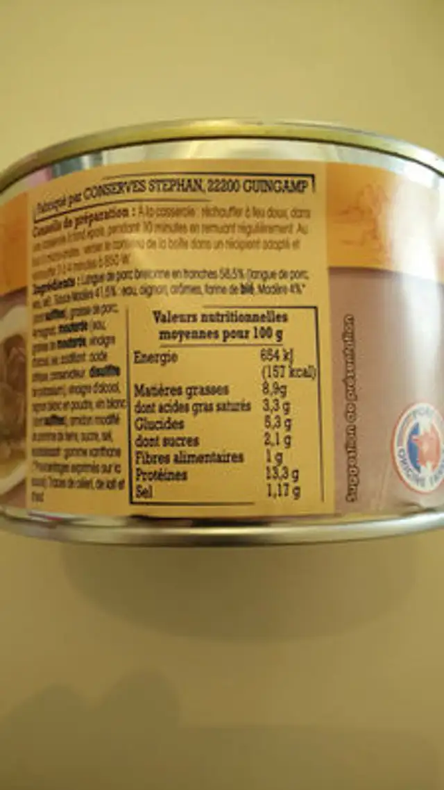 Langue de porc de Bretagne sauce madère nutrition facts table