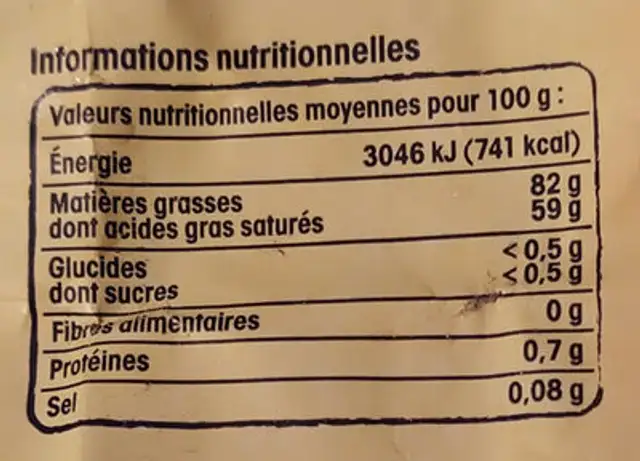 Beurre D'Isigny doux fabriqué en baratte nutrition facts table