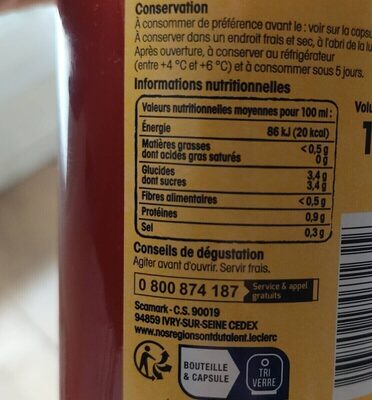Pur jus tomate du lot et garonne nutrition facts table