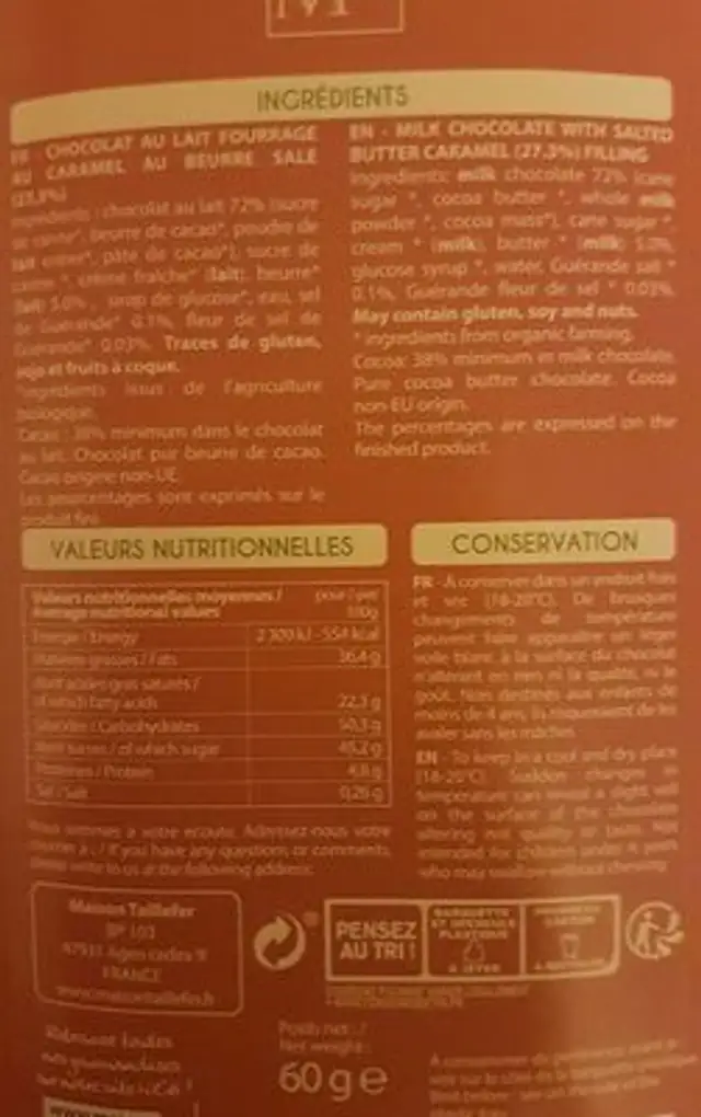 Chocolat lait coeur caramel nutrition facts table