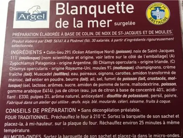 Blanquette de la mer ingredients label