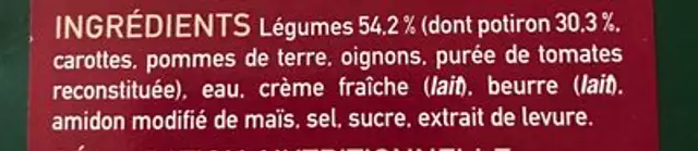 Velouté de potiron et de légumes ingredients label
