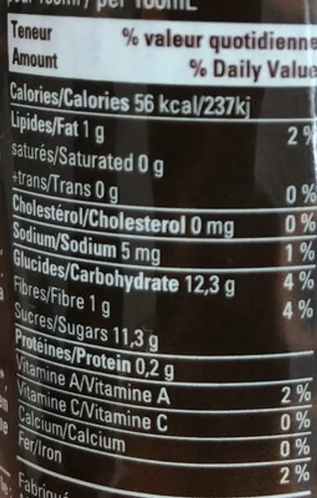 Nectar de Mangue nutrition facts table