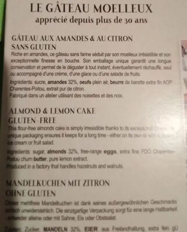 Gâteau Aux Amandes Et Au Citron Sans Gluten ingredients label