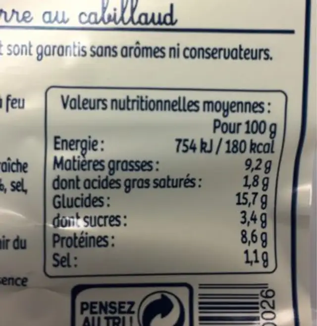 4 Croques Cabillaud nutrition facts table
