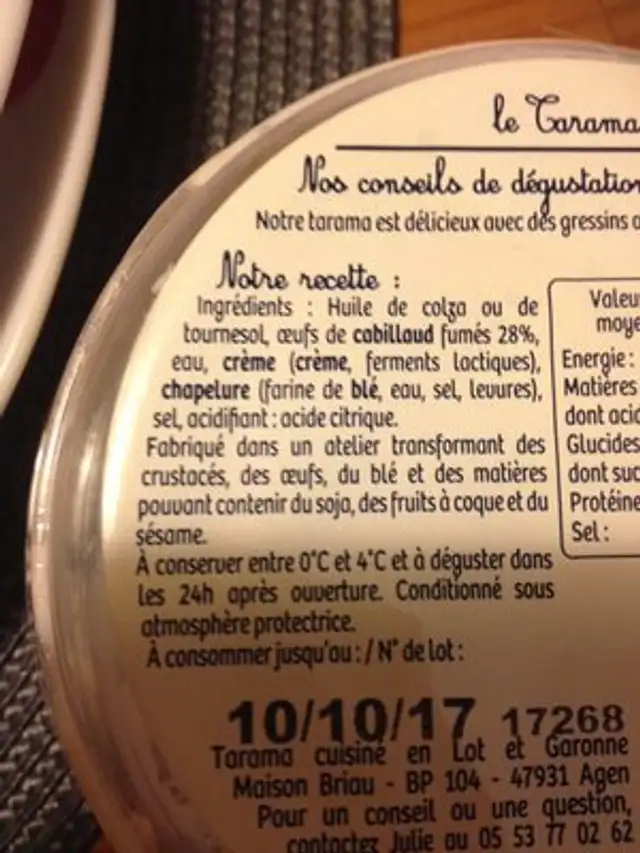Le tarama ingredients label
