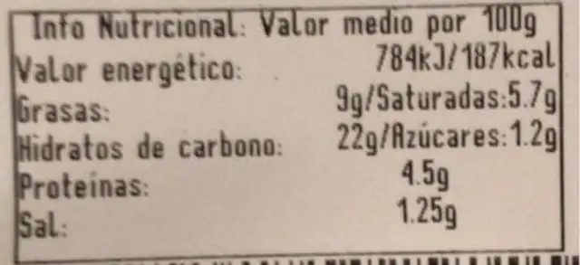 Lasaña de verduras nutrition facts table