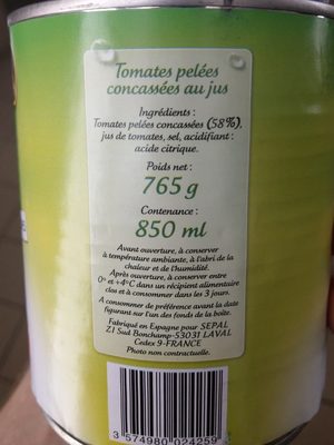 Tomates pelées concassées au jus (en cubes) ingredients label