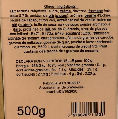 Cheesecake ingredients label