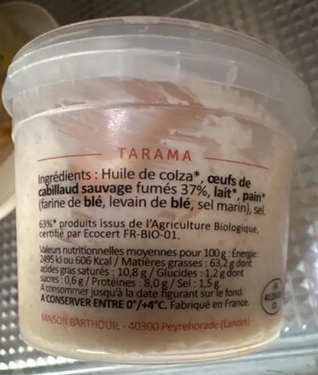TARAMA ingredients label