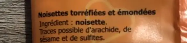 Noisettes Émondées ingredients label