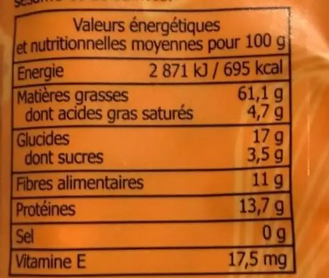 Noisettes Émondées nutrition facts table