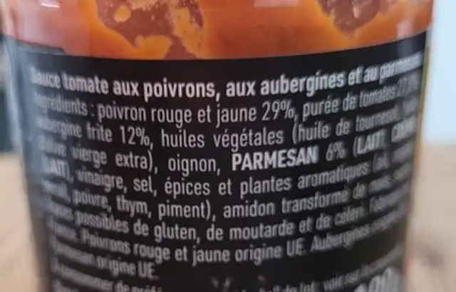 Sauce Poivrons aubergines et parmesan ingredients label