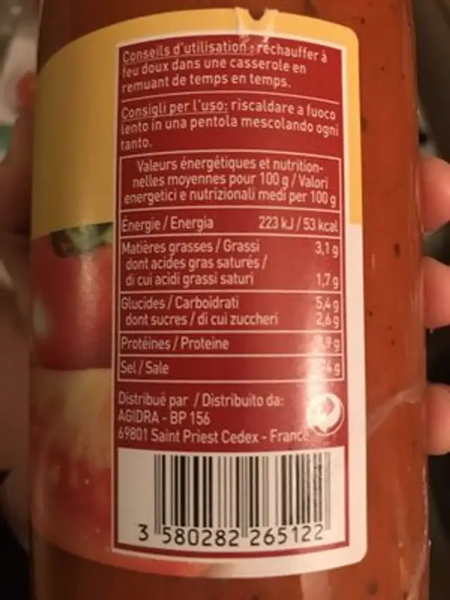 Velouté Tomate et Basilic ingredients label