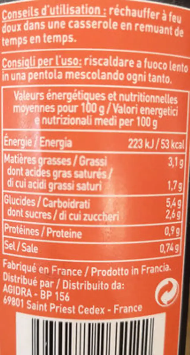 Velouté Tomate et Basilic nutrition facts table