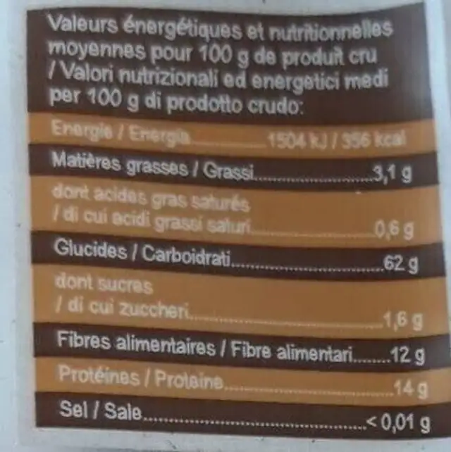 Nos Mélanges Riz, Pois et Lentilles nutrition facts table