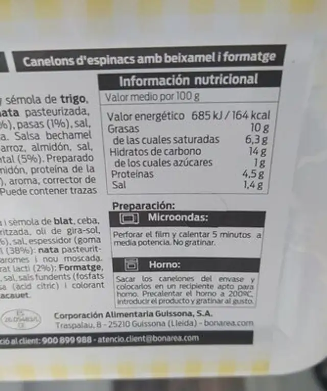 Canelones de espinacas con bechamel y queso nutrition facts table