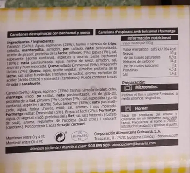 BonArea nutrition facts table