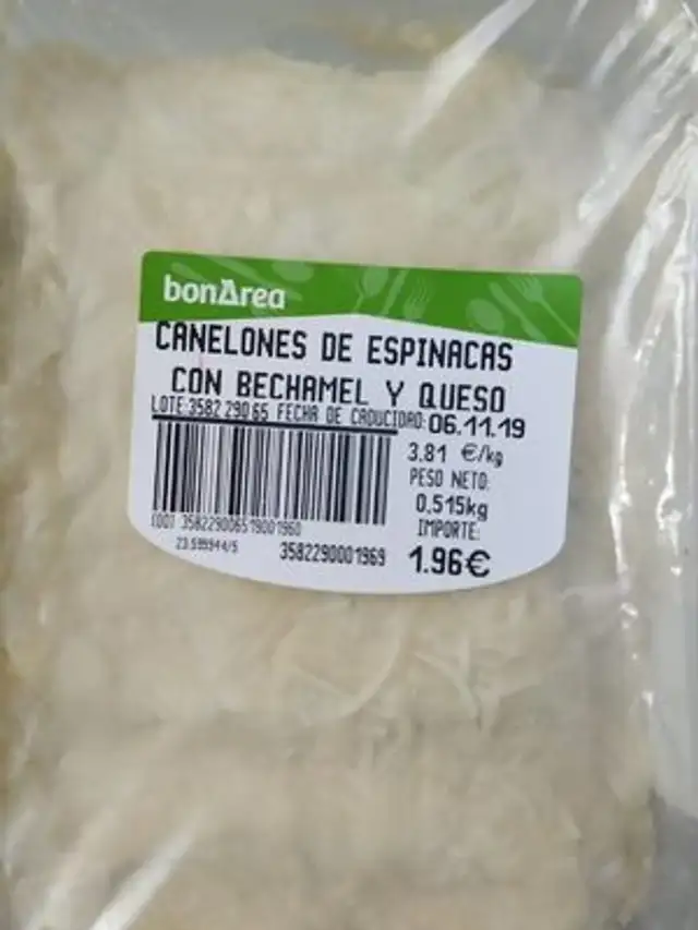 Canelones de espinacas con bechamel y queso front packaging