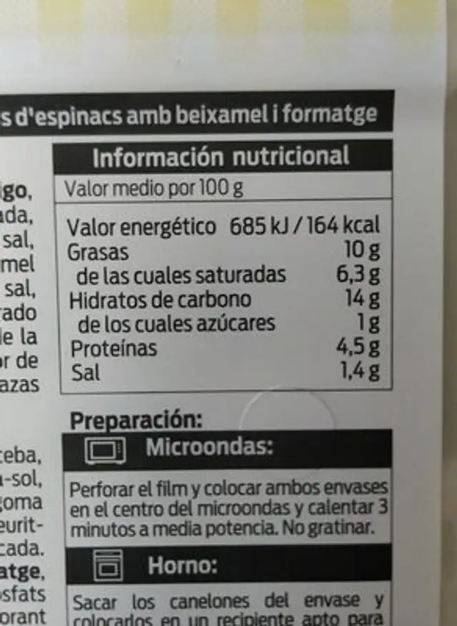 Canelones de espinacas con bechamel y queso nutrition facts table