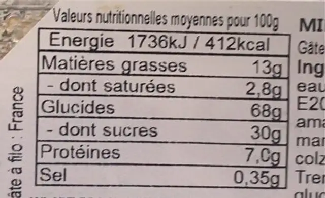 Mini Baklawa Amande nutrition facts table