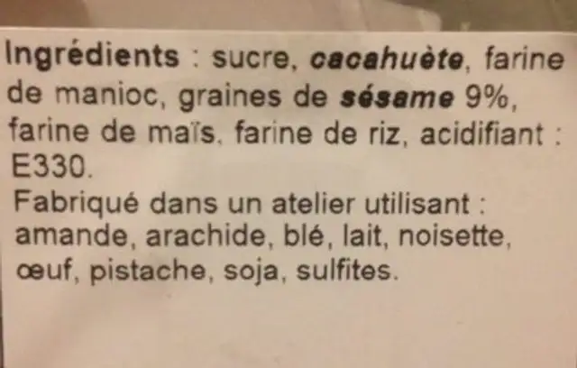 Nougat Mou ingredients label