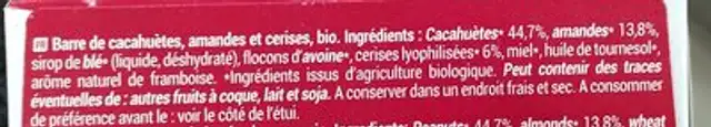 Barres céréales ingredients label