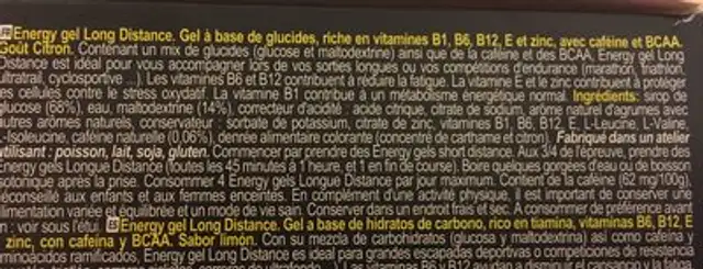Energy gel ingredients label