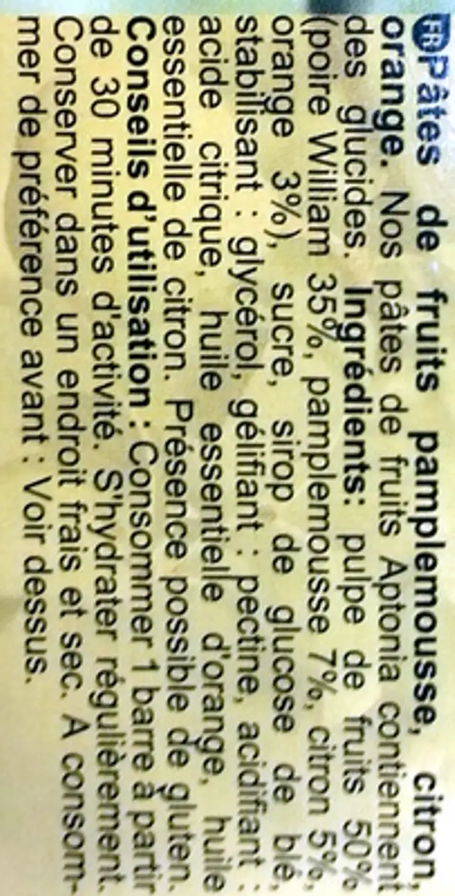 Sport fruit jellies ingredients label