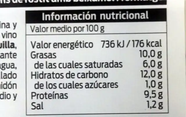 Canelones de rustido con bechamel y queso nutrition facts table