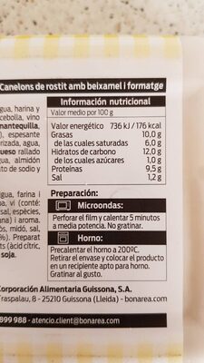 Canelones de rustido con bechamel y queso nutrition facts table