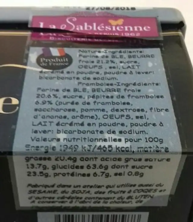 Sablé Pur Beurre Nature Et Pépites Framboise,Boîte En Métal ingredients label