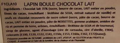 Lapin Boule Chocolat lait ingredients label