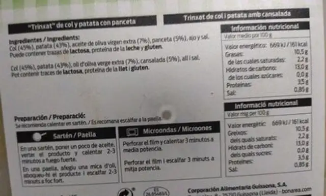 Trinxat de col y patata con panceta nutrition facts table
