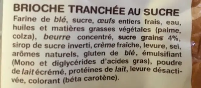 Gâche tranchée au sucre ingredients label