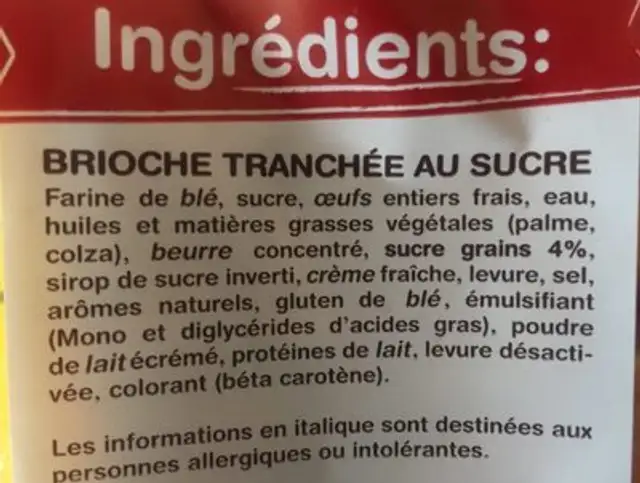 Brioche tranchée au sucre ingredients label