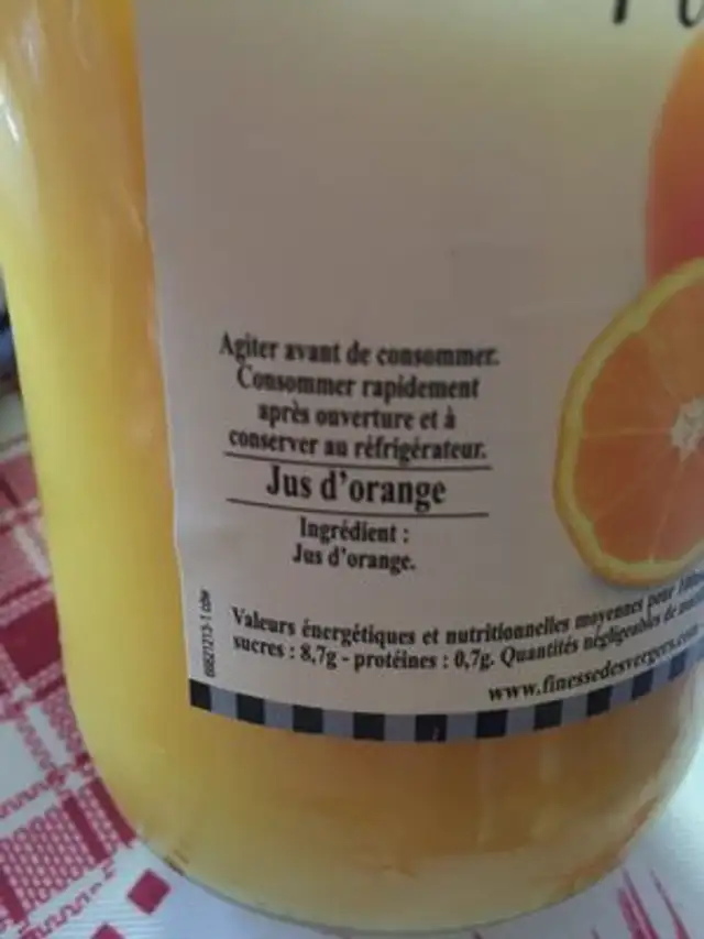 Pur jus Orange ingredients label