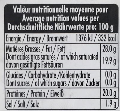 Fromage de brebis au lait pasteurisé (28% MG) nutrition facts table
