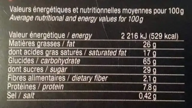 Les Broyés du Poitou nutrition facts table