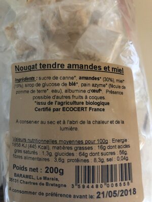 Nougat tendre ingredients label