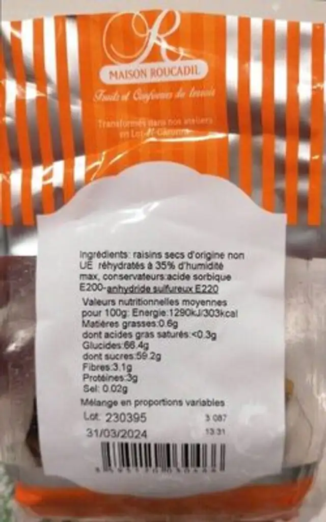 Raisin Mix Monsieur Jean nutrition facts table